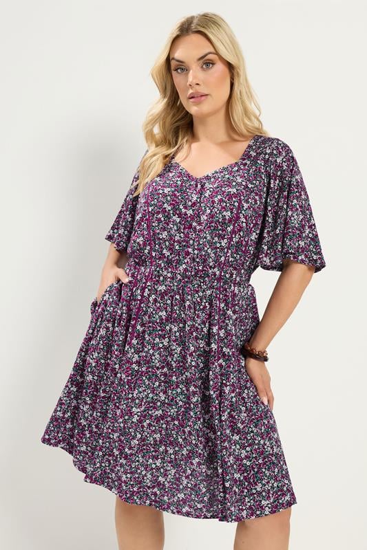 YOURS Plus Size Pink Ditsy Floral Smock Mini Dress | Yours Clothing 1