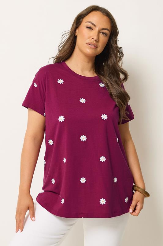 YOURS Plus Size Pink Embroidered Daisy T-Shirt | Yours Clothing 1