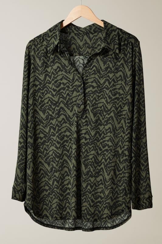 EVANS Plus Size Khaki Green Abstract Print Half Placket Shirt | Evans  5