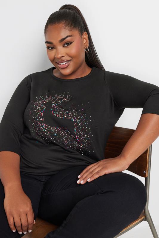 YOURS Plus Size Black Diamante Reindeer Top | Yours Clothing  5