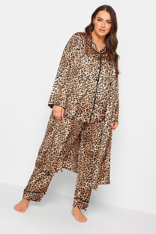 YOURS Plus Size Brown Leopard Print Satin Pyjama Set | Yours Clothing 3