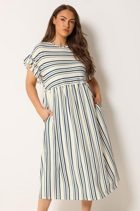 YOURS Plus Size Ivory White Stripe Frill Sleeve Dress | Yours Clothing 1