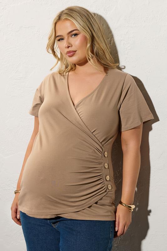 Plus Size  BUMP IT UP Curve Brown Button Detail Wrap Top
