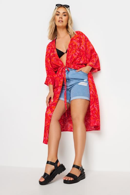 LIMITED COLLECTION Plus Size Pink Leaf Print Midi Kimono | Yours Clothing 2