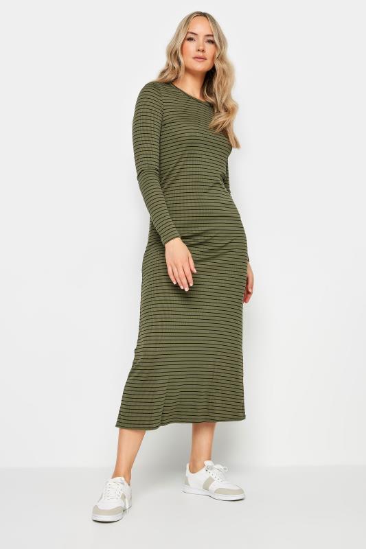 LTS Tall Womens Khaki Green & Black Stripe Ribbed Midi Dress | Long Tall Sally  1