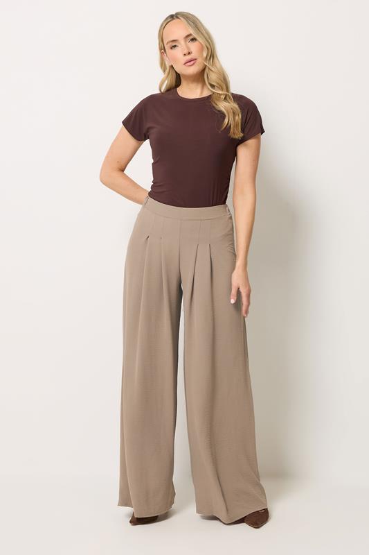LTS Tall Women's Mocha Brown Pleated Palazzo Wide Leg Trousers | Long Tall Sally 1