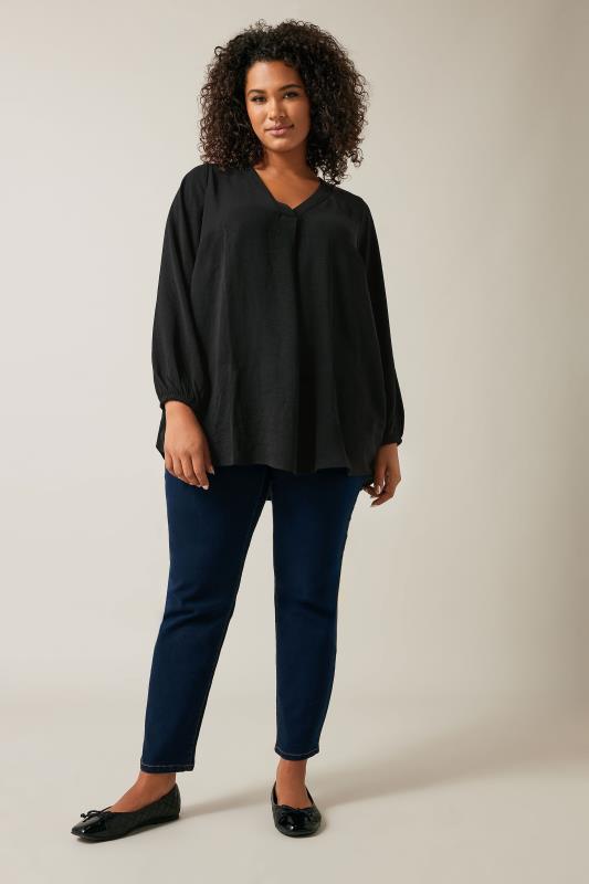 EVANS Plus Size Black Pleat Front Long Sleeve Blouse | Evans 2