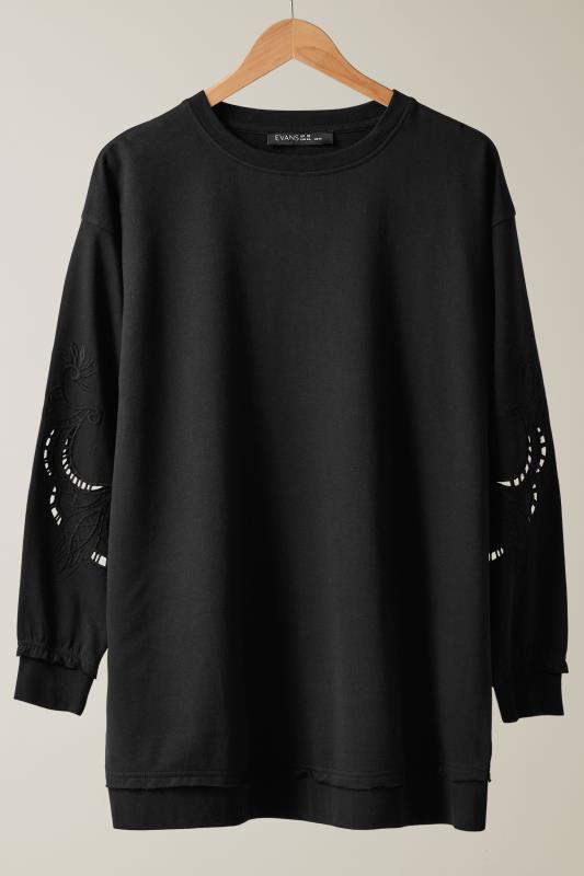 EVANS Plus Size Black Cutwork Crew Neck Sweatshirt | Evans 5