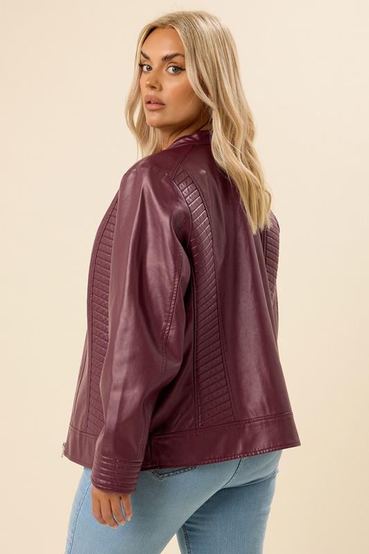 YOURS Plus Size Burgundy Red Biker Faux Leather Jacket | Yours Clothing 3