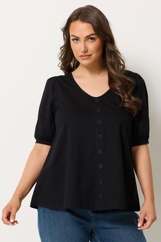 YOURS Curve Black Button Front Puff Sleeve Top