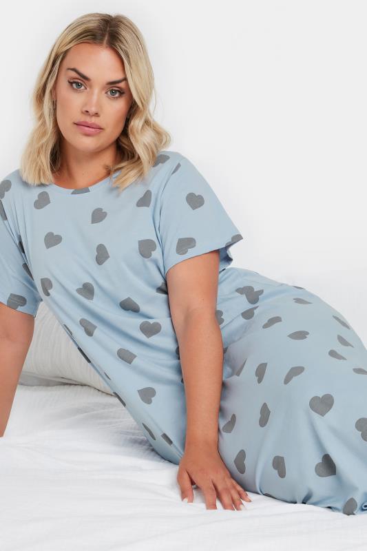 YOURS Plus Size Light Blue Heart Print Midaxi Nightdress | Yours Clothing 3