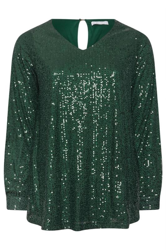 YOURS LONDON Plus Size Green Sequin V-Neck Top | Yours Clothing 5