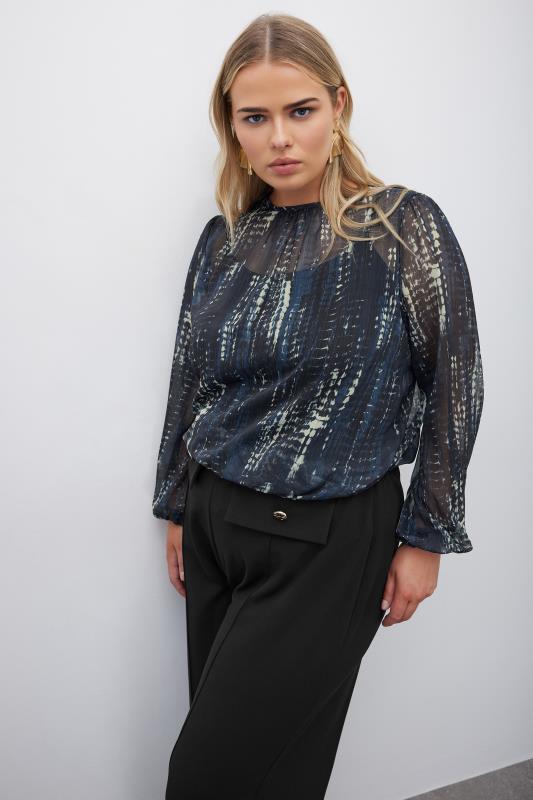 YOURS LONDON Curve Navy Blue Snake Print Metallic Chiffon Blouse | Yours Clothing  1