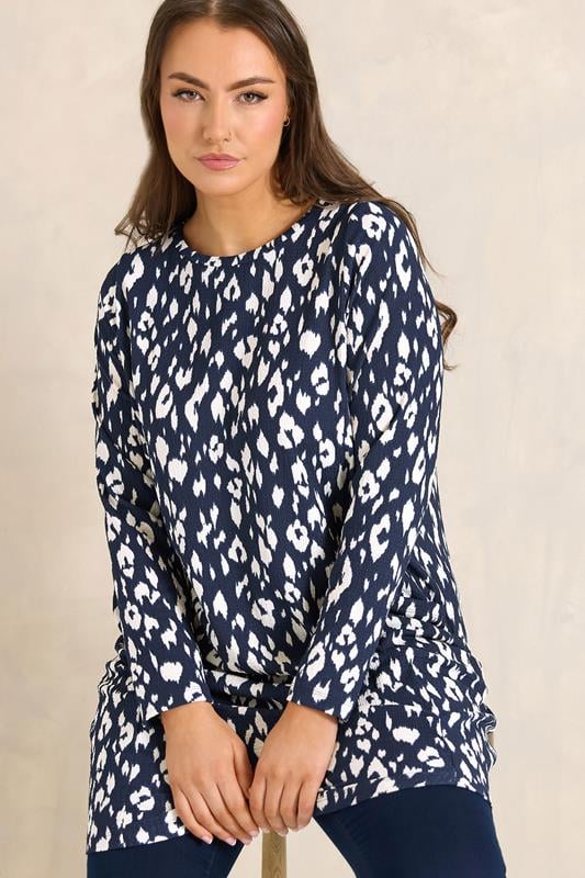 Plus Size  EVANS Curve Navy Blue Animal Print Front Pocket Tunic Top