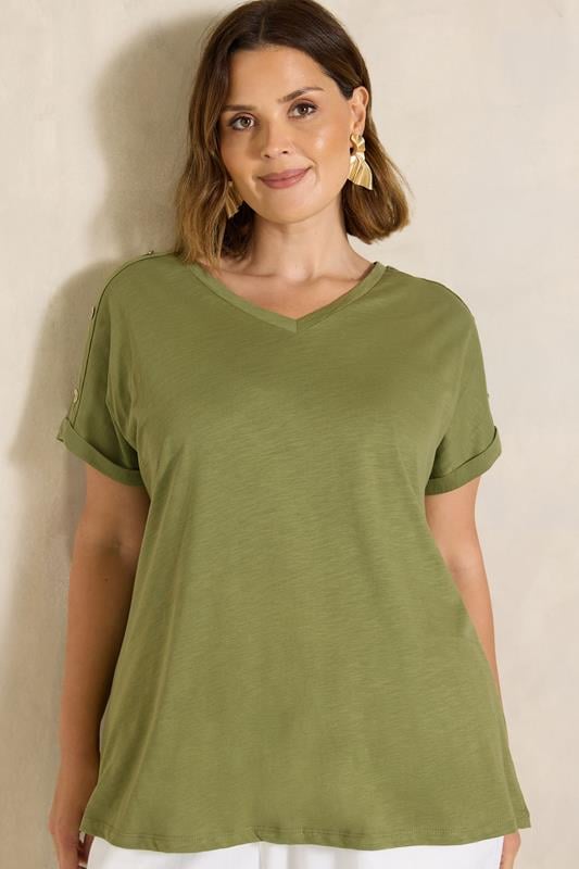EVANS Curve Khaki Green Button Shoulder T-Shirt