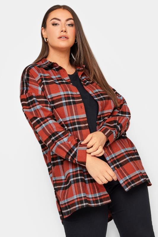 YOURS Curve Rust Orange Check Brushed Oversized Boyfriend Shirt | Yours Clothing 2
