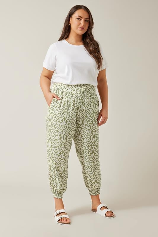  EVANS Curve Green Ikat Print Cuffed Harem Trousers