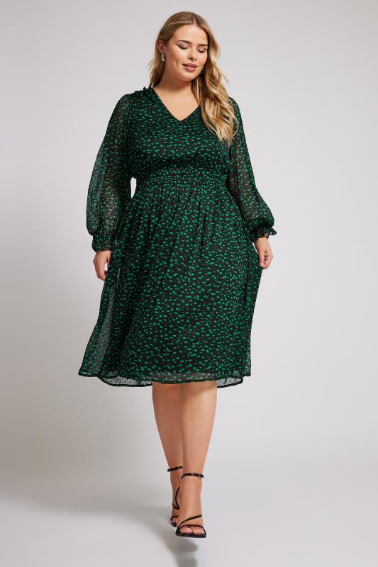 YOURS LONDON Plus Size Green Spot Print Dobby Midi Dress | Yours Clothing 1