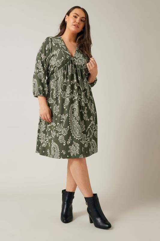 EVANS Plus Size Khaki Green Paisley Print Crepe Midi Dress | Evans 1