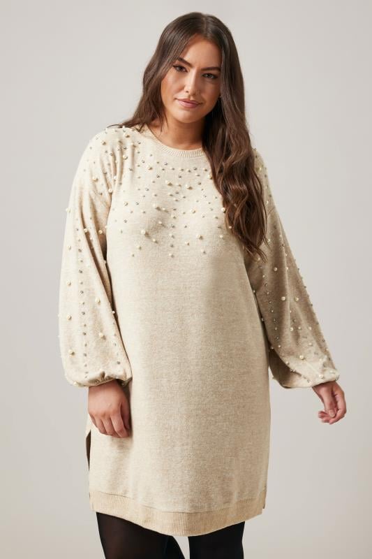 Plus Size  EVANS Curve Natural Brown Pearl Embellished Jumper Dress