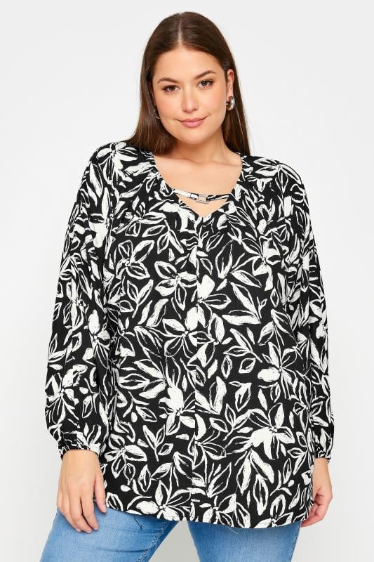 YOURS Plus Size Black Floral Print Balloon Sleeve Blouse | Yours Clothing  1