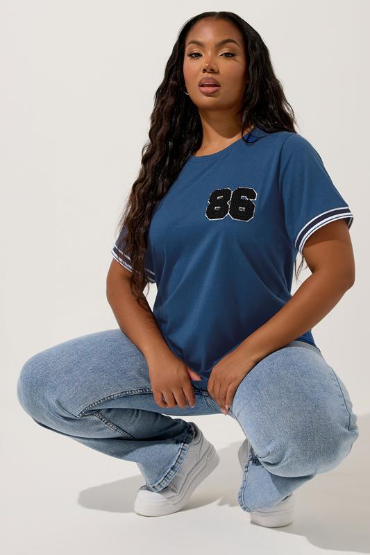 Plus Size  YOURS Curve Blue '86' Varsity Trim T-Shirt