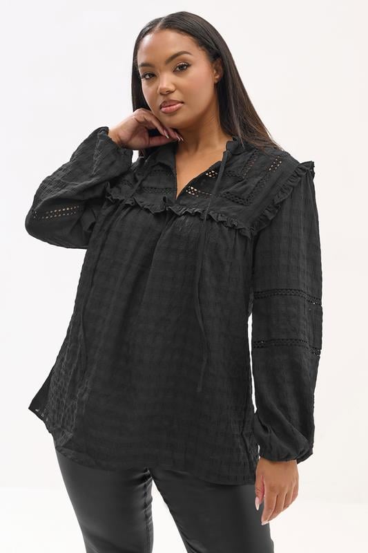  YOURS Curve Black Textured Crochet Trim Top