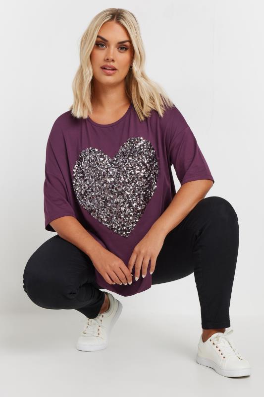 YOURS Plus Size Purple Heart Sequin Embellished T-Shirt | Yours Clothing  4