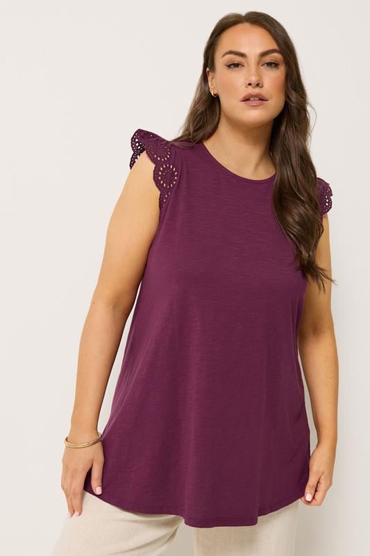 YOURS Plus Size Purple Broderie Frill Vest Top | Yours Clothing 1