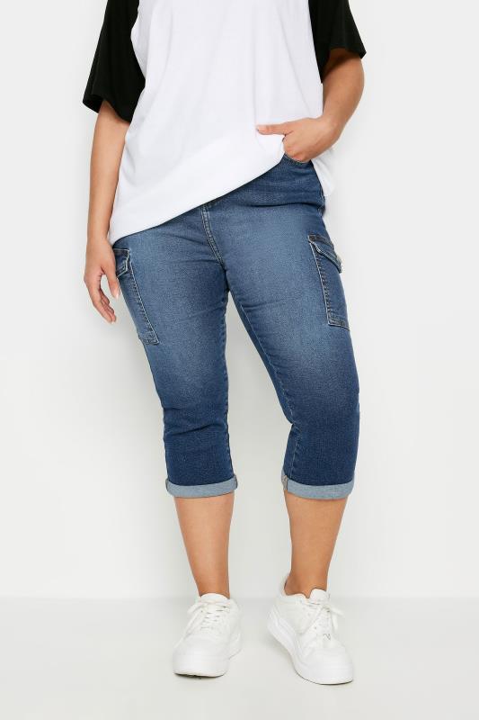 YOURS Plus Size Mid Blue Denim Cropped Cargo Jeans | Yours Clothing 1