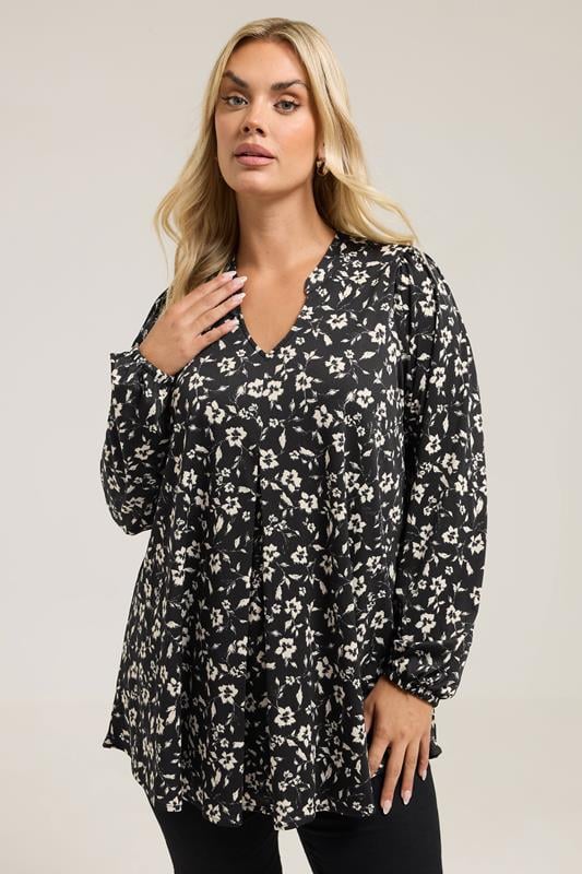  YOURS Curve Black Floral Pleat Front Top