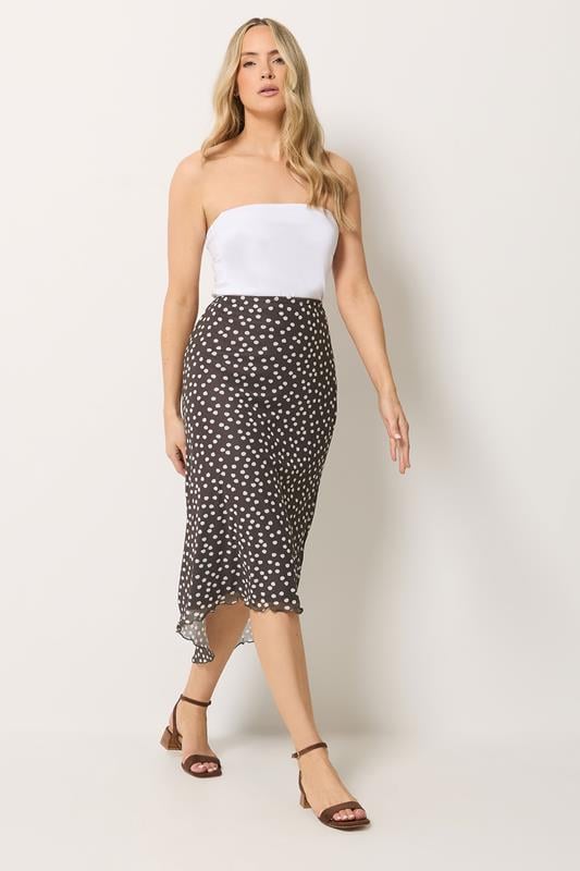 LTS Tall Chocolate Brown Polka Dot Dipped Hem Mesh Midi Skirt