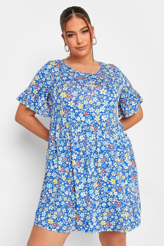 YOURS Curve Plus Size Blue Floral Smock Tunic Dress | Yours Clothing  1