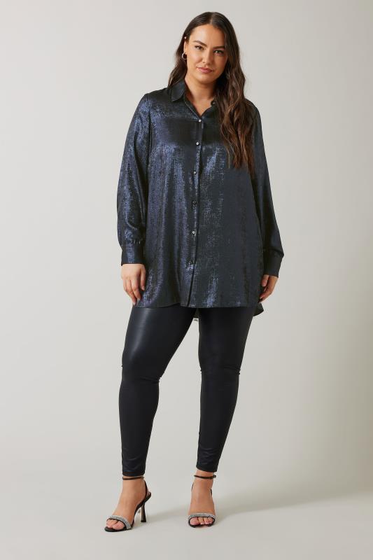 EVANS Plus Size Navy Blue Metallic Long Sleeve Shirt | Evans  2