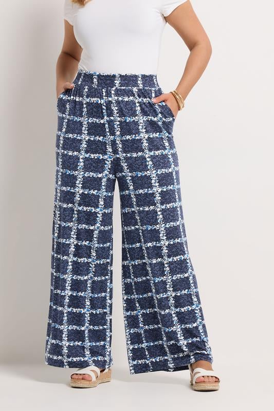 YOURS Plus Size Navy Blue Floral Check Trousers | Yours Clothing 1