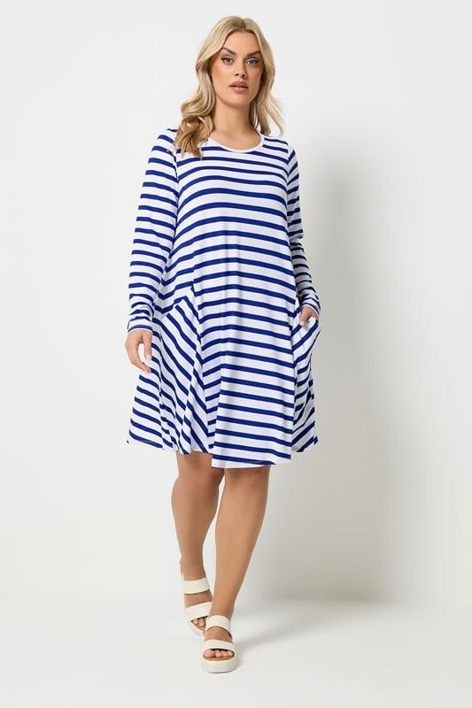  YOURS Curve Blue Stripe Drape Pocket Dress