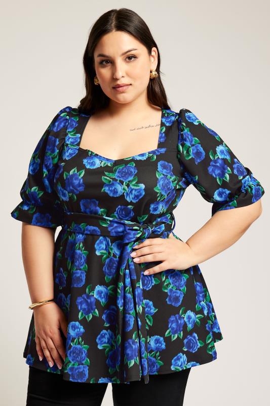 Plus Size  YOURS LONDON Curve Black & Blue Floral Print Peplum Top