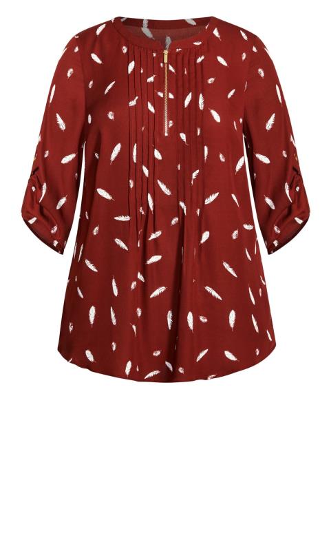 Avenue Burgundy Red Feather Print Zip Neck Shirt 5