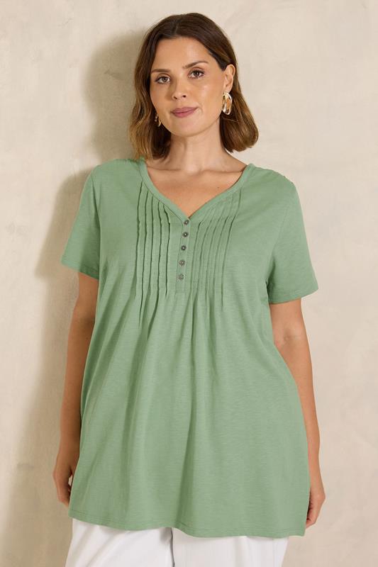  EVANS Curve Sage Green Short Sleeve Cotton Henley Top