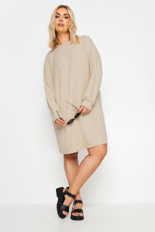 YOURS Plus Size Natural Brown Soft Touch Ribbed Jumper Dress | Yours Clothing  1