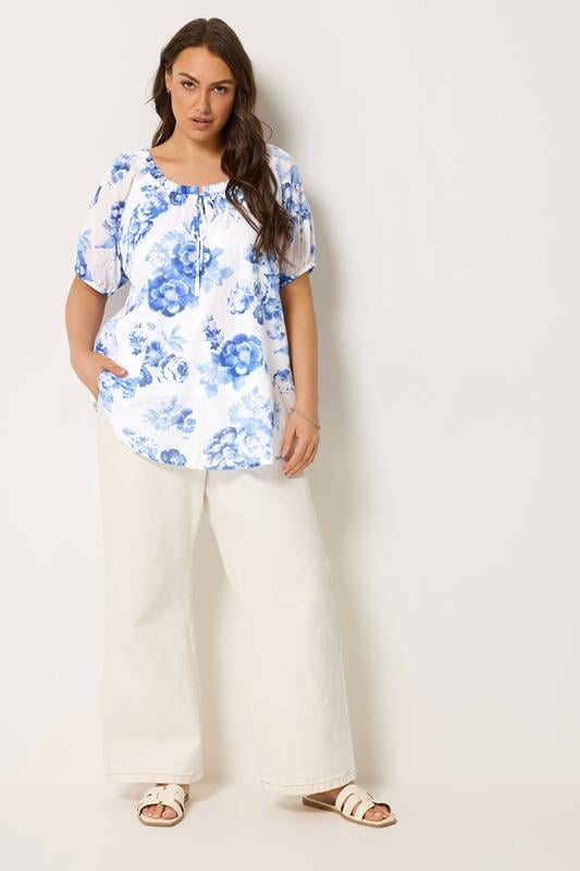 YOURS Plus Size Blue Floral Tie Neck Top | Yours Clothing 1