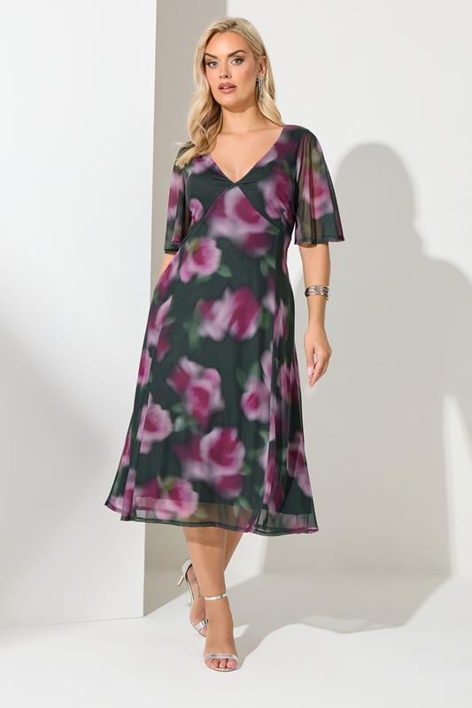  YOURS LONDON Curve Green Floral Mesh Tea Dress