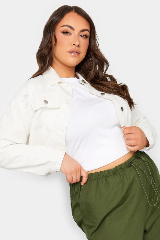 Plus Size White Cropped Distressed Denim Jacket | Yours Clothing  2