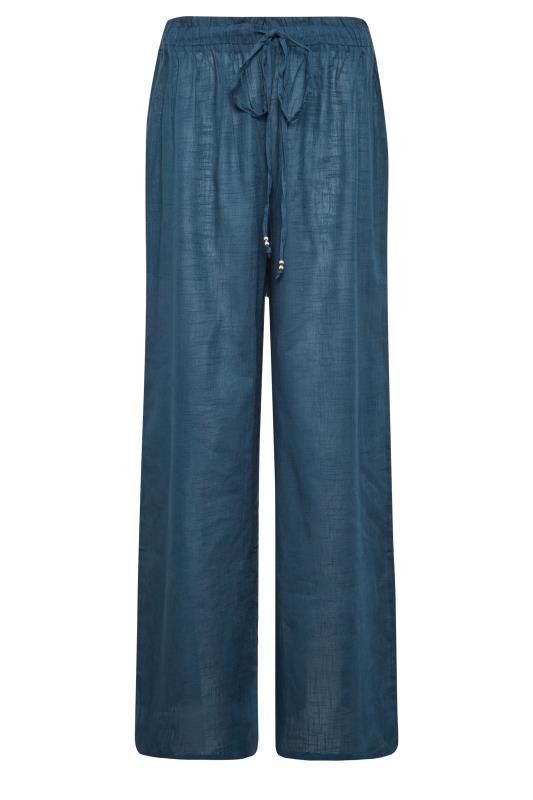 LTS Tall Navy Blue Cotton Wide Leg Beach Trousers | Long Tall Sally  5