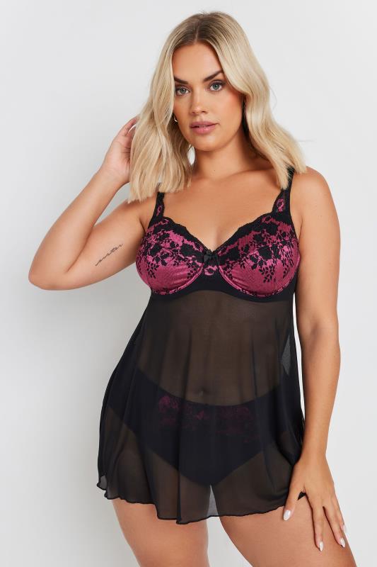 YOURS Plus Size Black & Pink Lace Underwired Babydoll | Yours Clothing 1