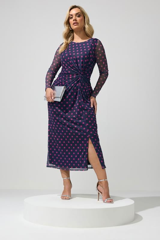  YOURS LONDON Curve Navy Blue & Pink Polka Dot Knot Dress