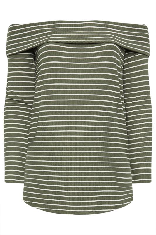 YOURS Plus Size Green Stripe Long Sleeve Bardot Top | Yours Clothing 5