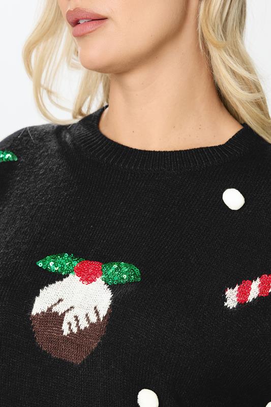 YOURS Plus Size Black Candy Cane Sequin Novelty Christmas Jumper | Yours Clothing 5
