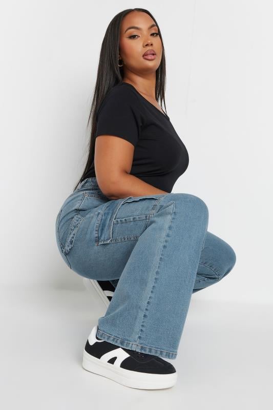 YOURS Plus Size Mid Blue Wide Leg Cargo Jeans | Yours Clothing  1