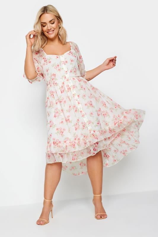 LIMITED COLLECTION Plus Size White Floral Print Dipped Hem Midi Dress | Yours Clothing 1